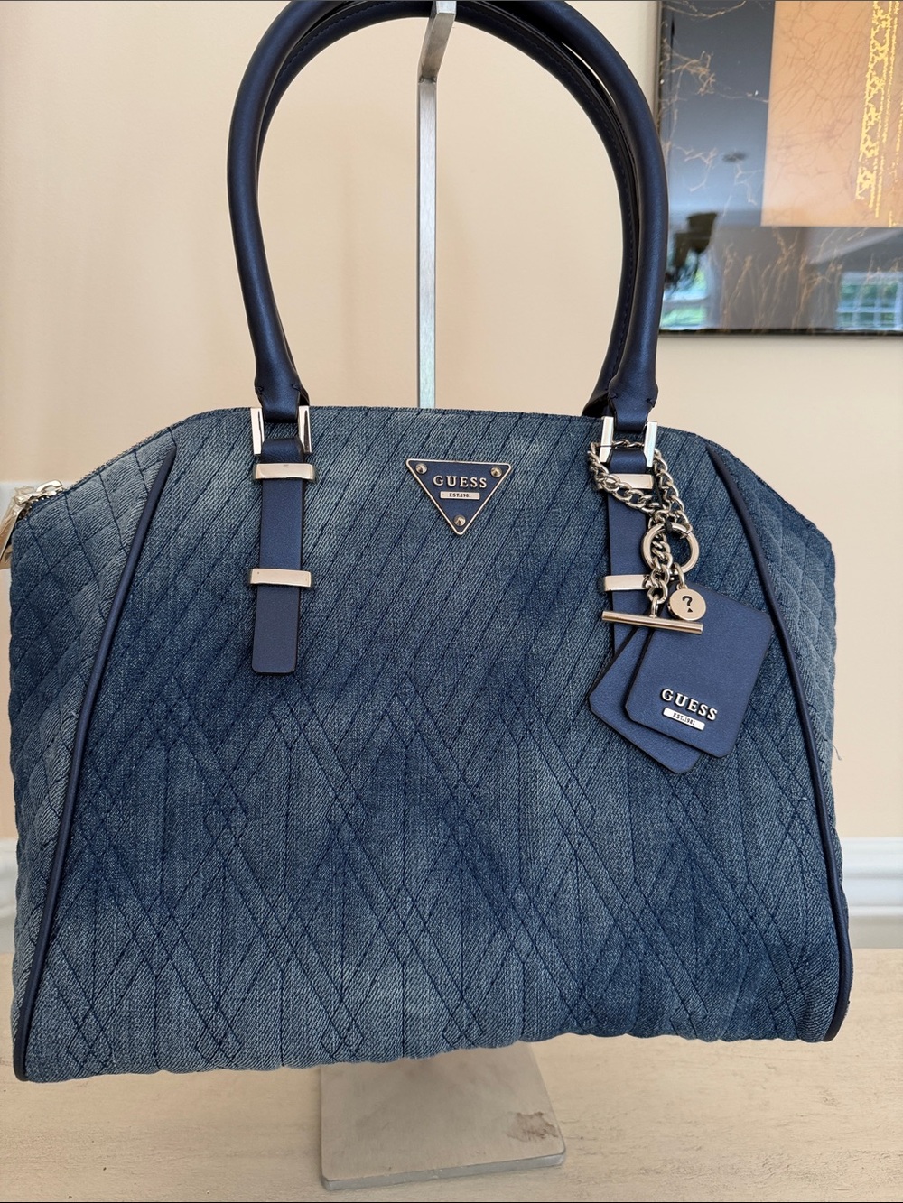 GUESS Quilted Denim Satchel in Navy Blue